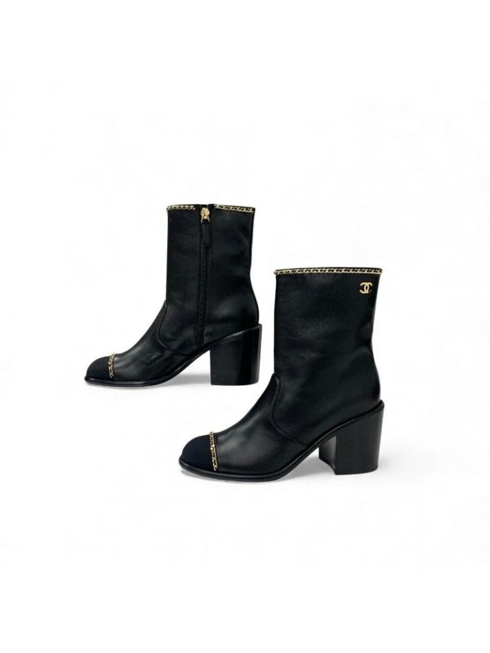 Chanel Short Boots Shoes Leather Fabric Black Gold CC Logo Chain - Picture 3 of 10